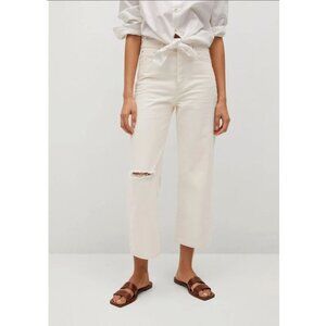 Mango Gabriela High Waist Distressed Knee Wide Leg Button Fly Jeans Ecru Sz 2